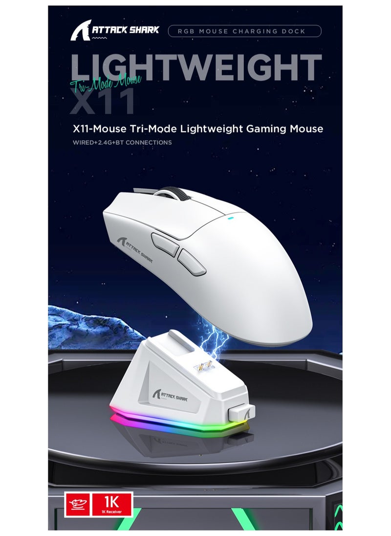 ATTACK SHARK X11 Tri-Mode Gaming Mouse - Wired, 2.4GHz Wireless, Bluetooth - 22000 DPI PixArt PAW3311 Sensor - RGB Backlight - Magnetic Charging Dock - Lightweight & Ergonomic Design - For PC, Laptop, Mac, Xbox, PS (White)