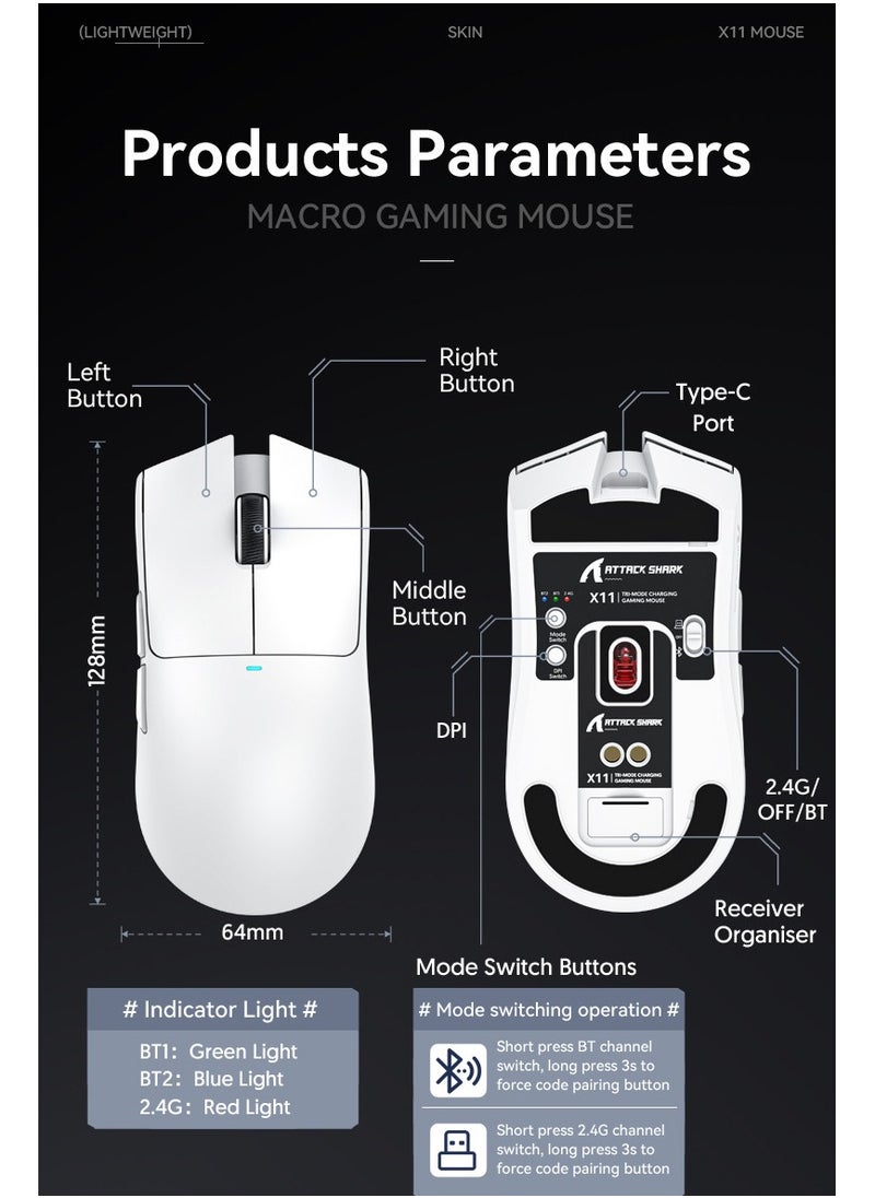 ATTACK SHARK X11 Tri-Mode Gaming Mouse - Wired, 2.4GHz Wireless, Bluetooth - 22000 DPI PixArt PAW3311 Sensor - RGB Backlight - Magnetic Charging Dock - Lightweight & Ergonomic Design - For PC, Laptop, Mac, Xbox, PS (White)