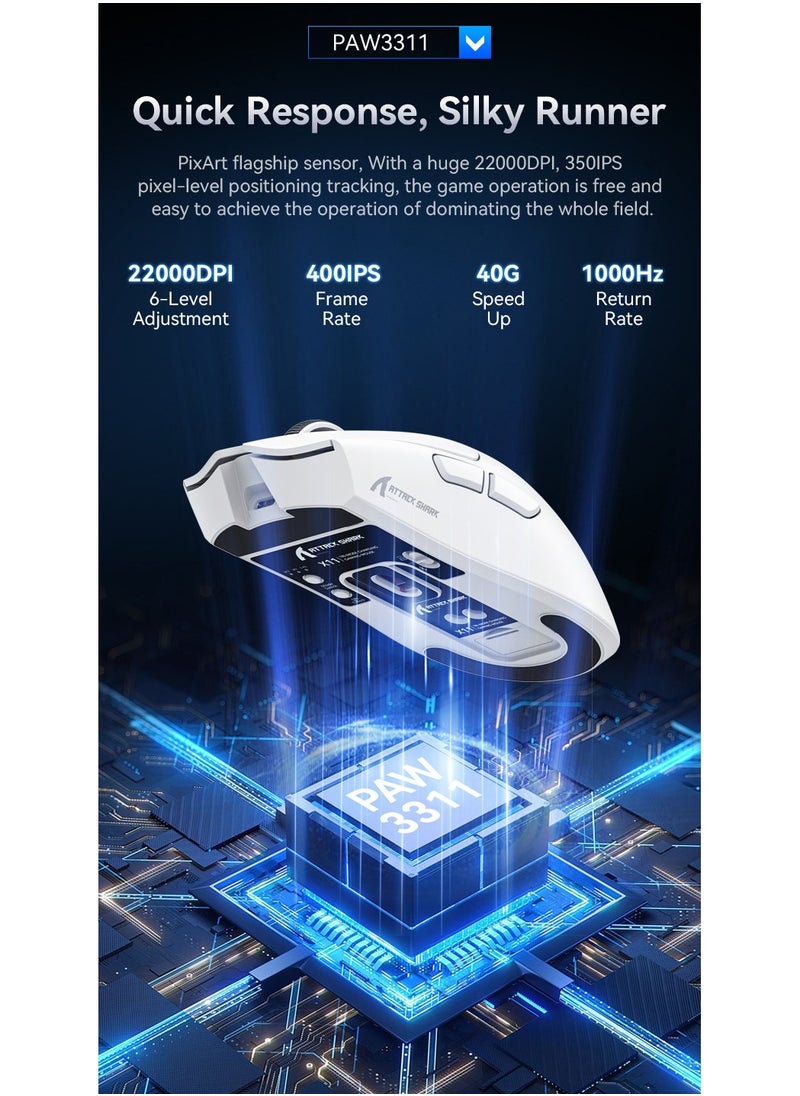 ATTACK SHARK X11 Tri-Mode Gaming Mouse - Wired, 2.4GHz Wireless, Bluetooth - 22000 DPI PixArt PAW3311 Sensor - RGB Backlight - Magnetic Charging Dock - Lightweight & Ergonomic Design - For PC, Laptop, Mac, Xbox, PS (White)