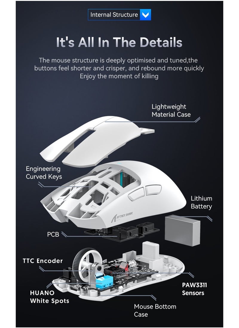 ATTACK SHARK X11 Tri-Mode Gaming Mouse - Wired, 2.4GHz Wireless, Bluetooth - 22000 DPI PixArt PAW3311 Sensor - RGB Backlight - Magnetic Charging Dock - Lightweight & Ergonomic Design - For PC, Laptop, Mac, Xbox, PS (White)