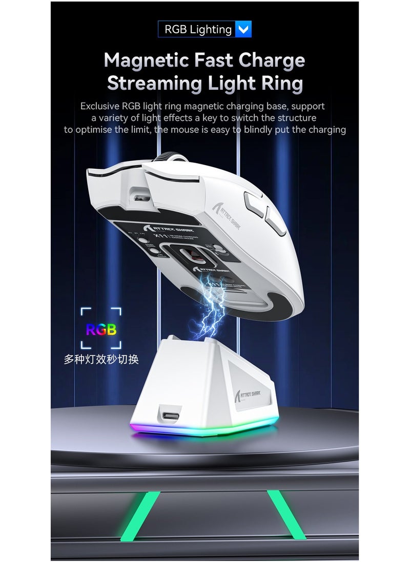 ATTACK SHARK X11 Tri-Mode Gaming Mouse - Wired, 2.4GHz Wireless, Bluetooth - 22000 DPI PixArt PAW3311 Sensor - RGB Backlight - Magnetic Charging Dock - Lightweight & Ergonomic Design - For PC, Laptop, Mac, Xbox, PS (White)