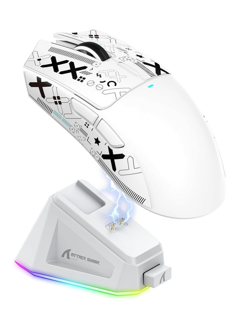 ATTACK SHARK X11 Tri-Mode Gaming Mouse - Wired, 2.4GHz Wireless, Bluetooth - 22000 DPI PixArt PAW3311 Sensor - RGB Backlight - Magnetic Charging Dock - Lightweight & Ergonomic Design - For PC, Laptop, Mac, Xbox, PS (White)