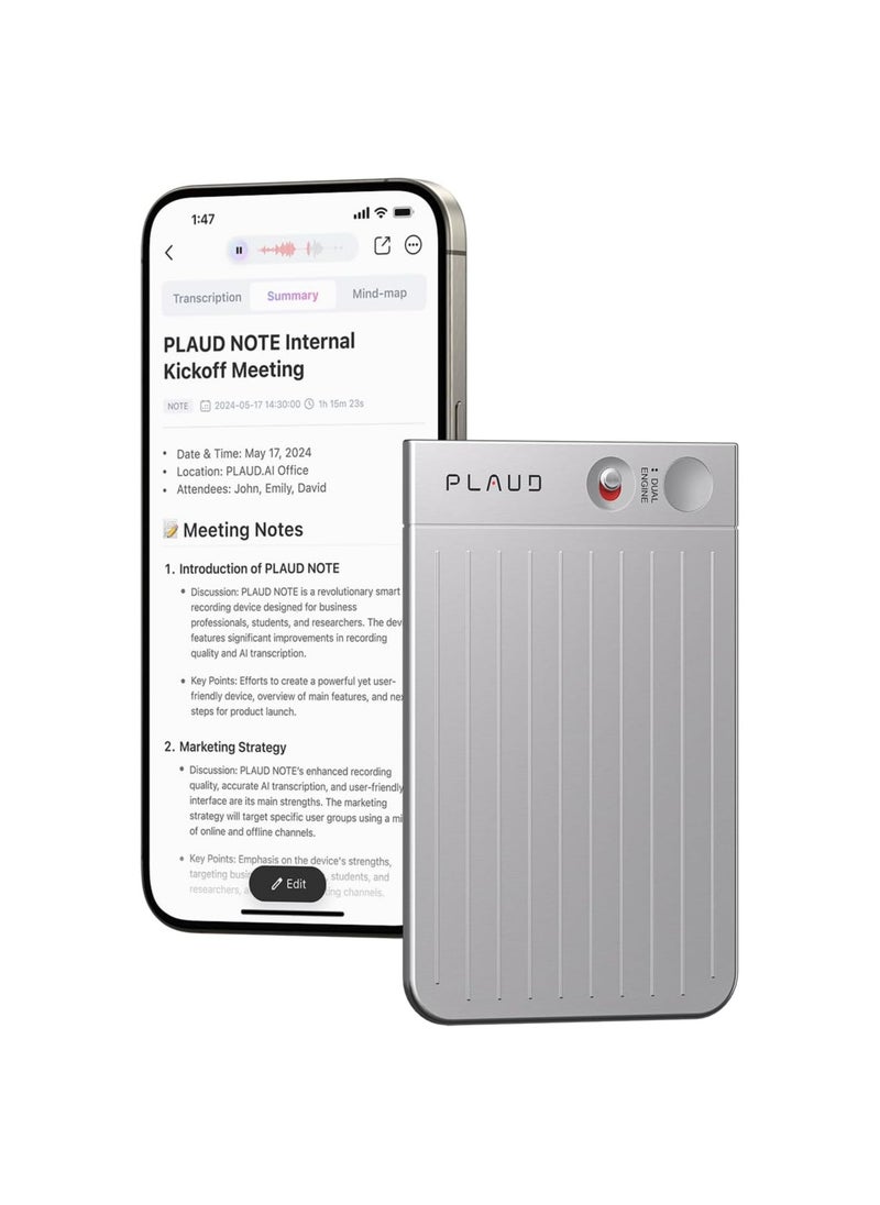 PLAUD NOTE AI Voice Recorder with Magnetic Case ( Silver )– 64GB Smart Digital Recorder with AI Transcription, Dual-Mode Recording, Cloud Storage & 30-Hour Battery Life