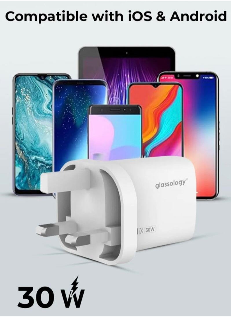 30W GaN Fast Wall Charger: 2 USB-C (30W) and 1 USB-A (18W) Ports, GaN Fast Charging, Overheat Protection, Compatible with iOS and Android