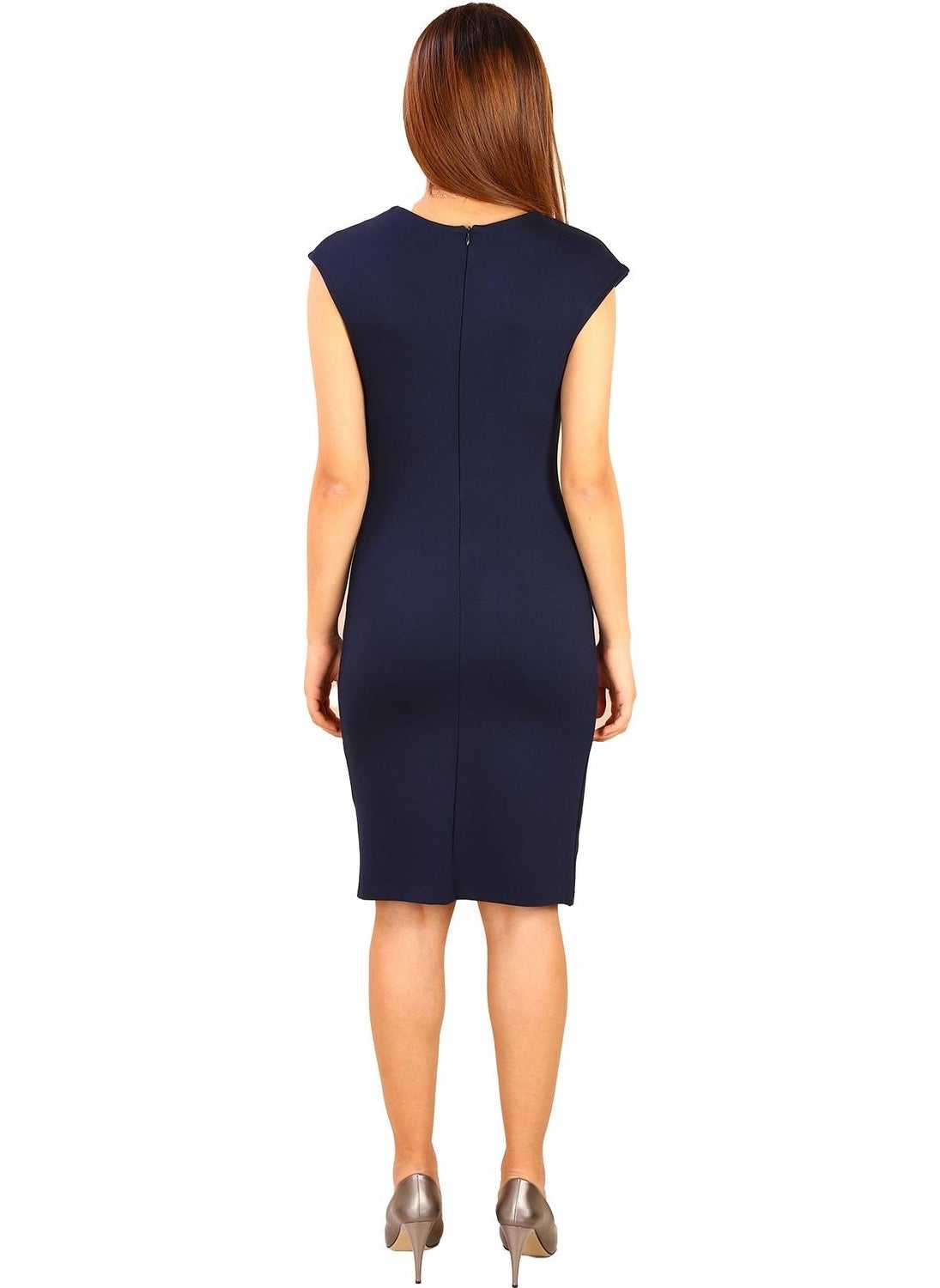 Steel Interlock Fabric V Neck Bodicon Fit Casual Dress Navy Blue (B20-156401) S