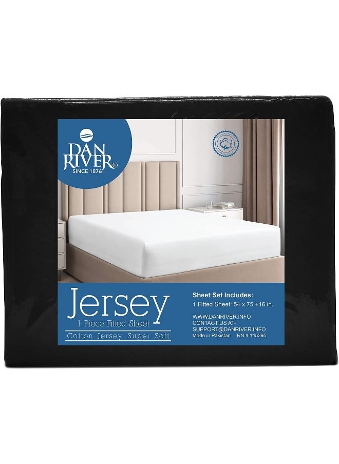 DAN RIVER 100% Cotton Jersey Fitted Sheet, Full, Black, 16 Inch Deep Pockets, Ultra Soft & Breathable, Stretchy Knit Fabric, Fitted Bed Sheet for Queen Mattress