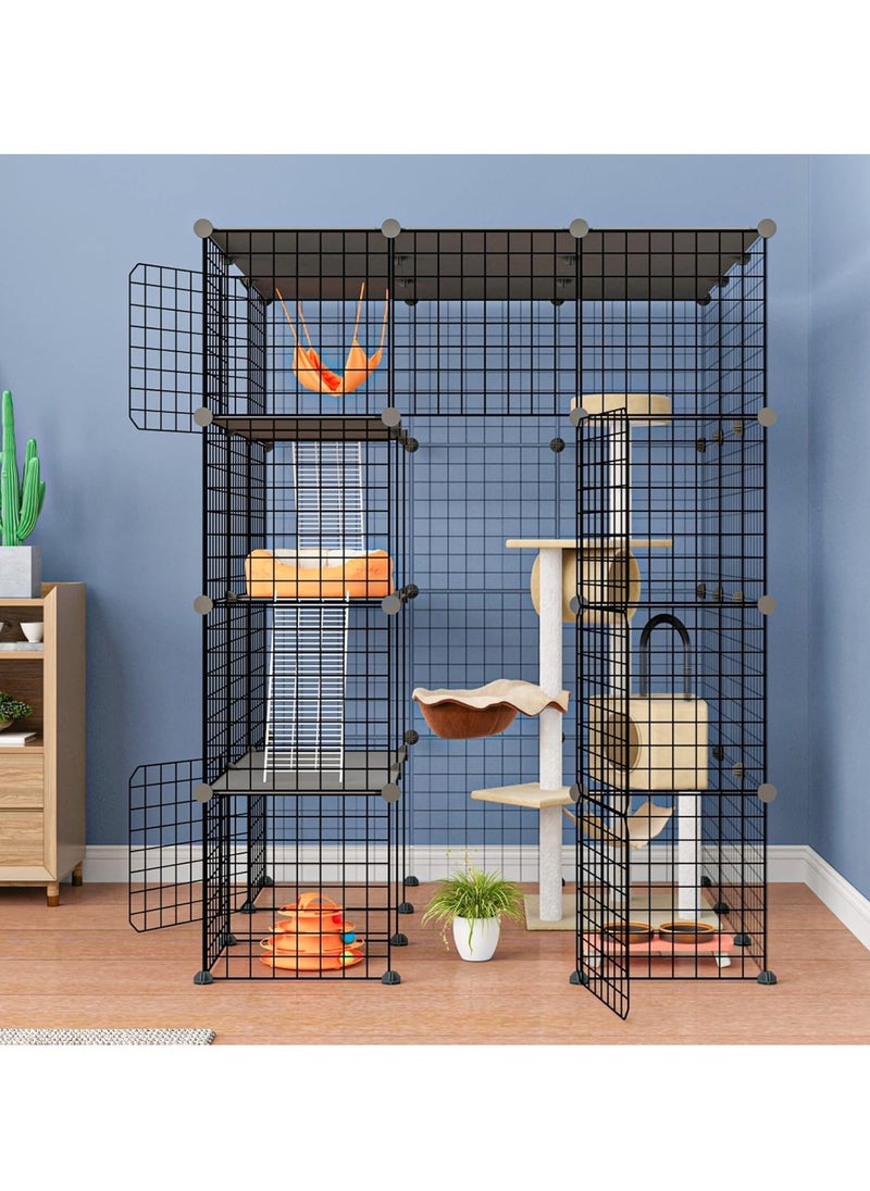 Large Cat Cage Enclosures Indoor Detachable Metal Wire Kennels DIY Playpen Kitten Crate Large Exercise Place Ideal for 1-4 Cat (Without Platform Black)
