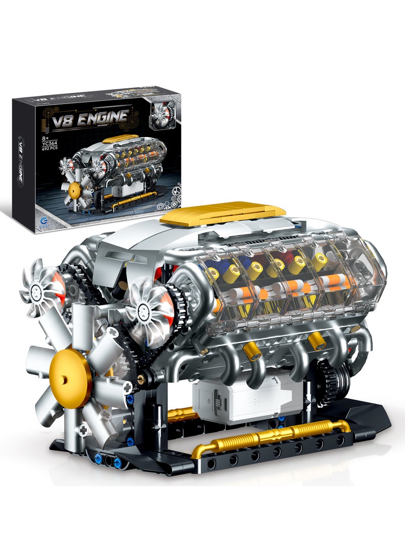 Classic V8 Engine Model – Electric Building Block Toy (500+PCS) with Realistic Mechanics, Motor & USB Charging | Educational STEM Kit for Kids & Adults
