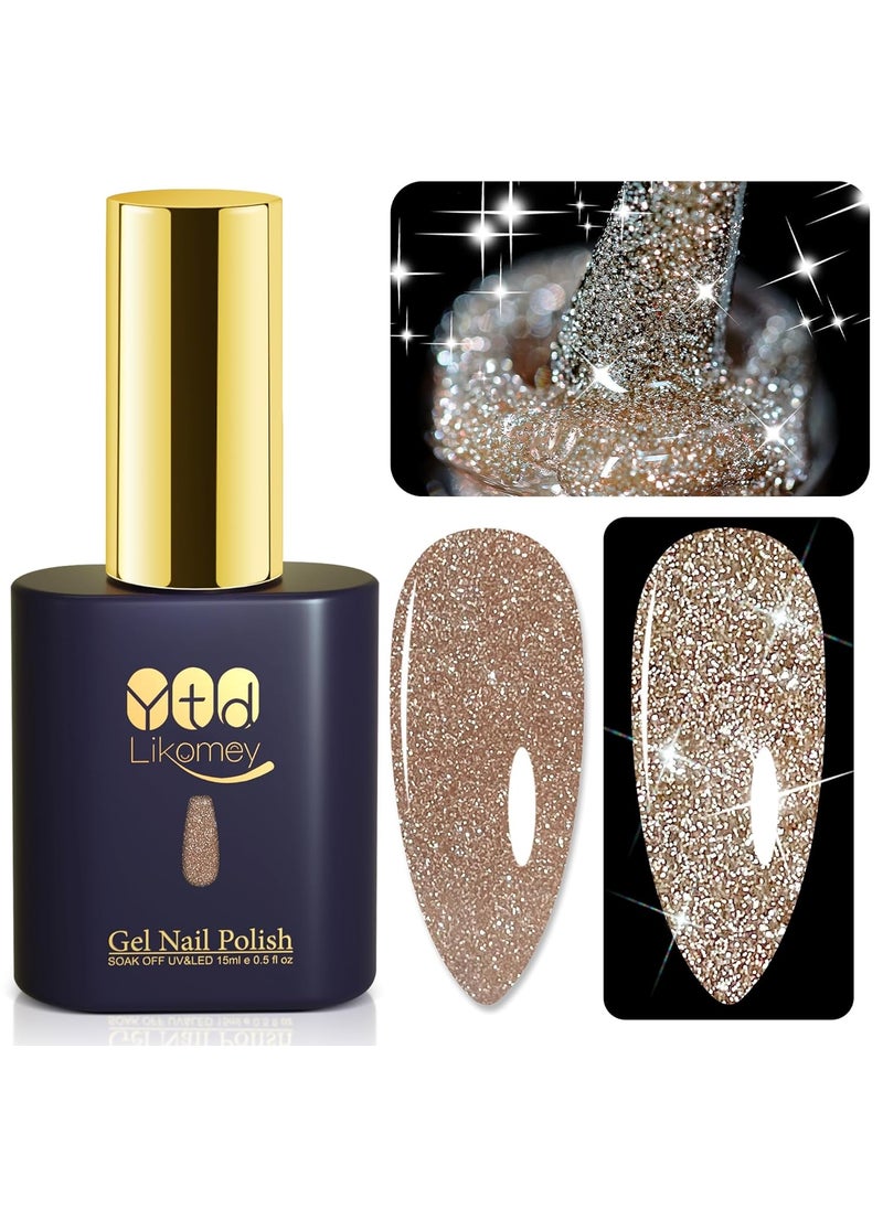 YTD Likomey Reflective Glitter Gel Nail Polish,15ml Champagne Gold Flash Diamond Shimmer Nails Gel,Sparkly Shiny Salon Home Nail Art Manicure UV Nail Gel,SZ012