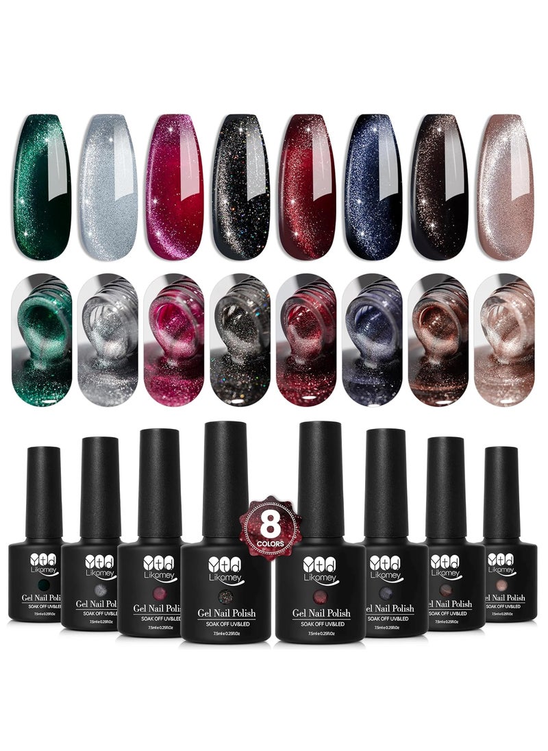 YTD Likomey Cat Eye Gel Nail Polish Set,8 Colors Crystal Magnetic Glitter with Magnet Stick Kit,Silver Green Blue Black Champagne Gold Brown Plum UV Nail Gel Varnish,8 Pcs 7.5 ml