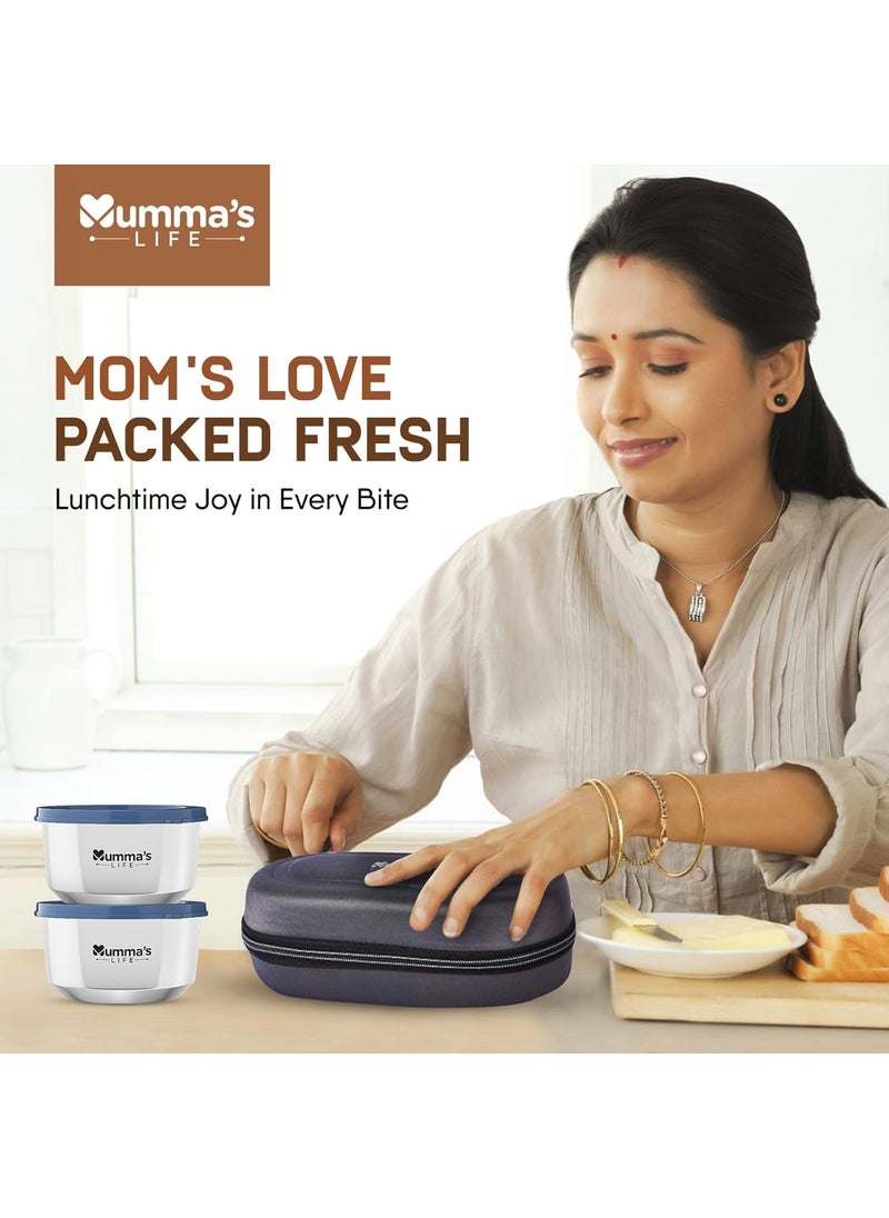 Mumma's LIFE- Stainless Steel Lunch Box Set of 2 (280 ml Each) with Insulated Lunch Bag, Leak Proof Lunch Box for Office & College (Grey)
