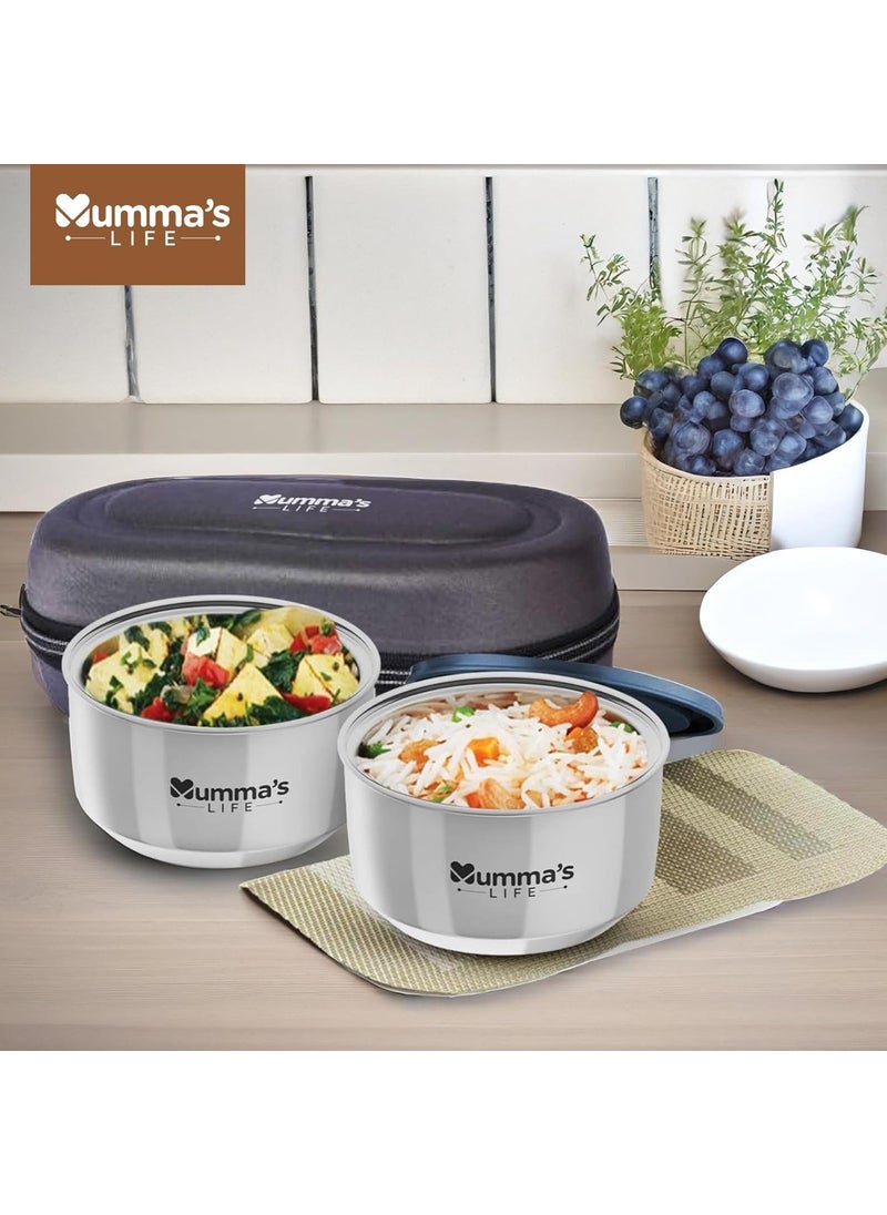 Mumma's LIFE- Stainless Steel Lunch Box Set of 2 (280 ml Each) with Insulated Lunch Bag, Leak Proof Lunch Box for Office & College (Grey)