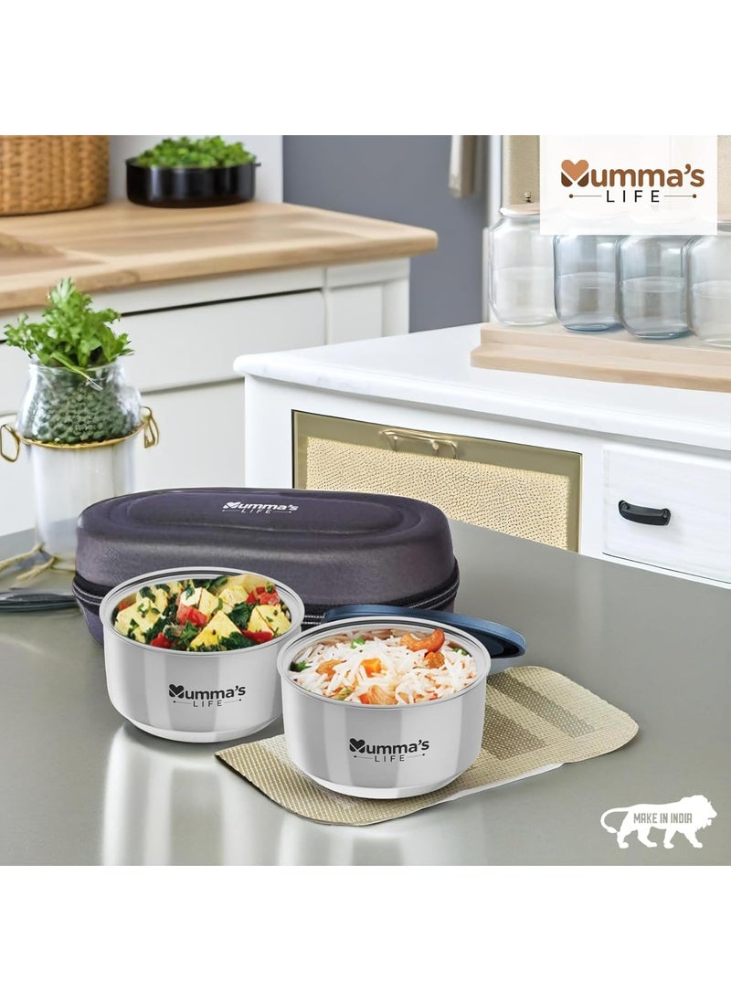 Mumma's LIFE- Stainless Steel Lunch Box Set of 2 (280 ml Each) with Insulated Lunch Bag, Leak Proof Lunch Box for Office & College (Grey)