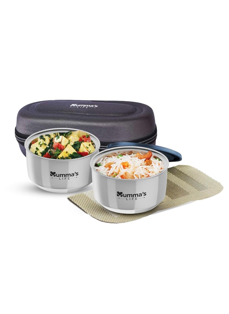 Mumma's LIFE- Stainless Steel Lunch Box Set of 2 (280 ml Each) with Insulated Lunch Bag, Leak Proof Lunch Box for Office & College (Grey)