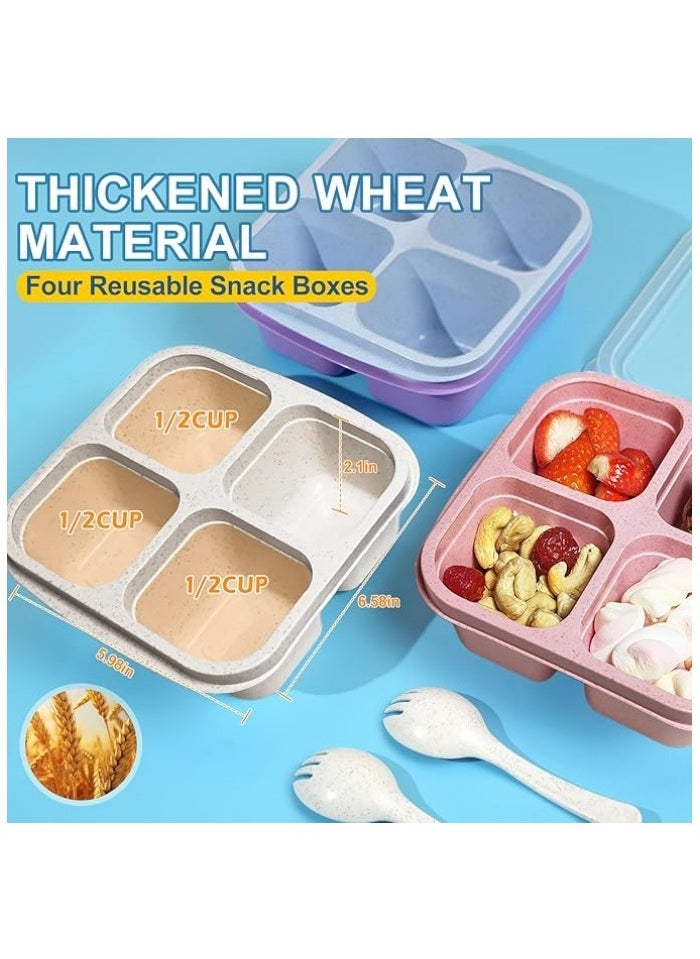 4 Pack Snack Containers, Divided Bento Snack Box, 4 Compartments Reusable Meal Prep Lunch Containers for Kids Adults, Food Storage Containers for School Work Travel