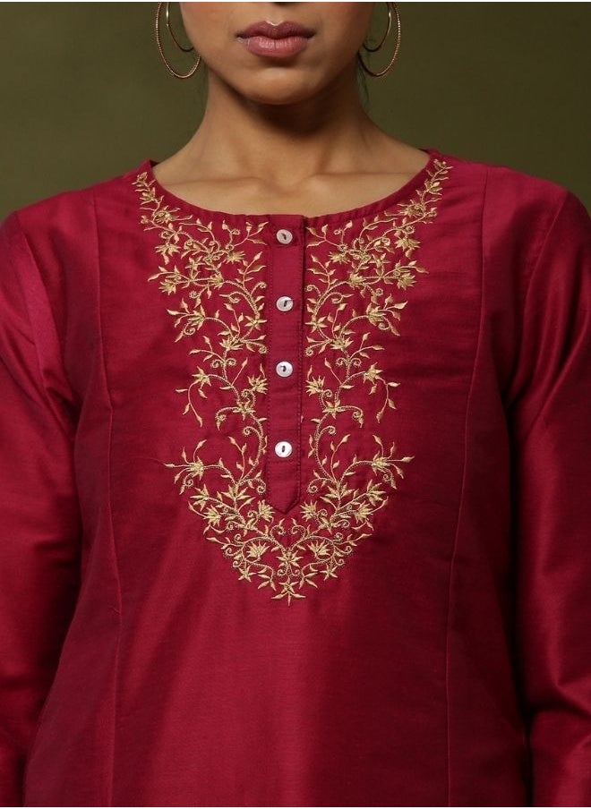 Embroideered 3pc kurta set with ontrast print dupatta-pink