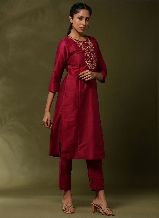 Embroideered 3pc kurta set with ontrast print dupatta-pink
