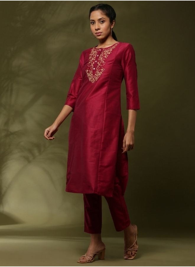 Embroideered 3pc kurta set with ontrast print dupatta-pink
