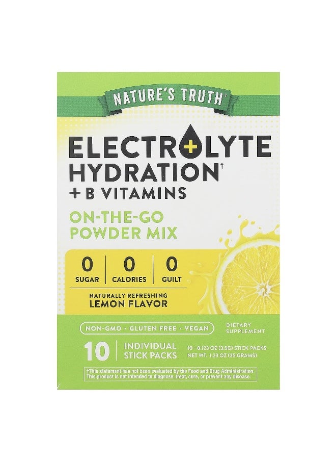 Nature's Truth, Electrolyte Hydration + B Vitamins, On-The-Go Powder Mix, Lemon, 10 Individual Stick Packs 0.123 oz (3.5 g) Each