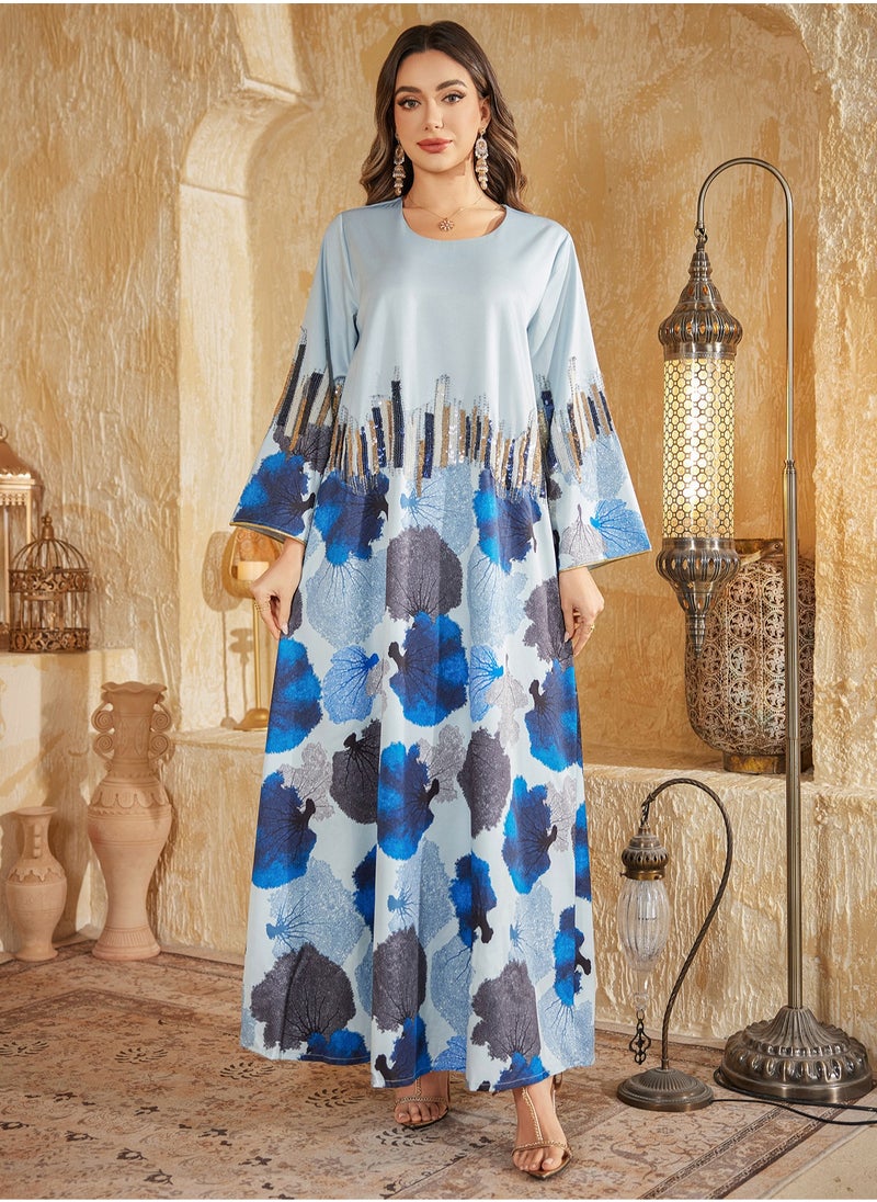 Blue Arab Dubai Muslim Middle Eastern Kaftan Women's Outfit Eid al-Adha Beaded Embroidered Fashion Dress