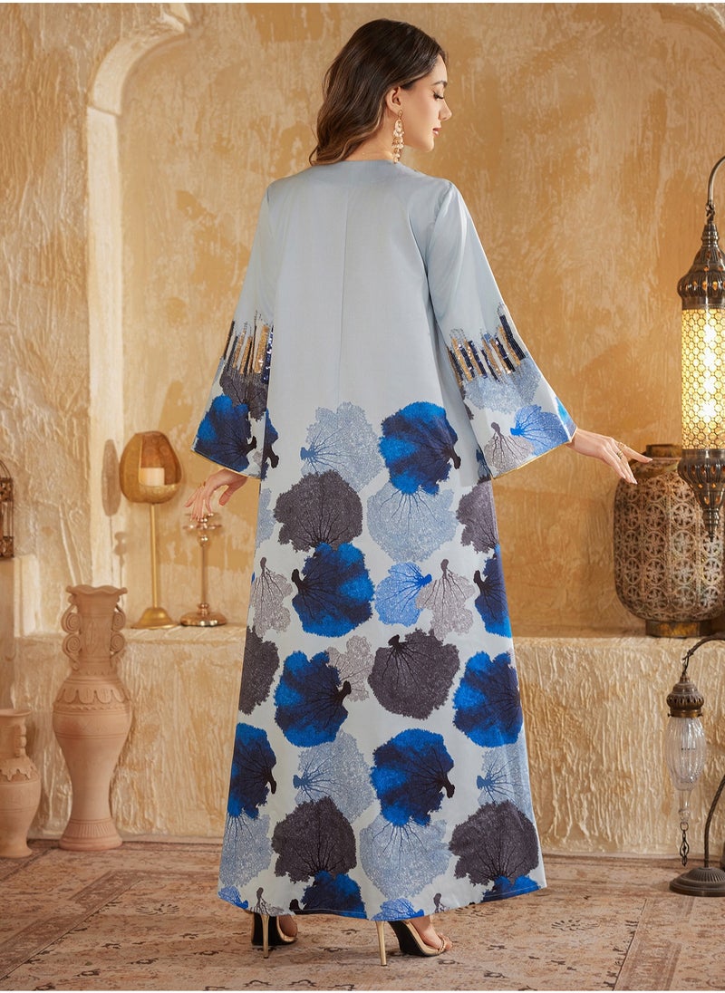 Blue Arab Dubai Muslim Middle Eastern Kaftan Women's Outfit Eid al-Adha Beaded Embroidered Fashion Dress