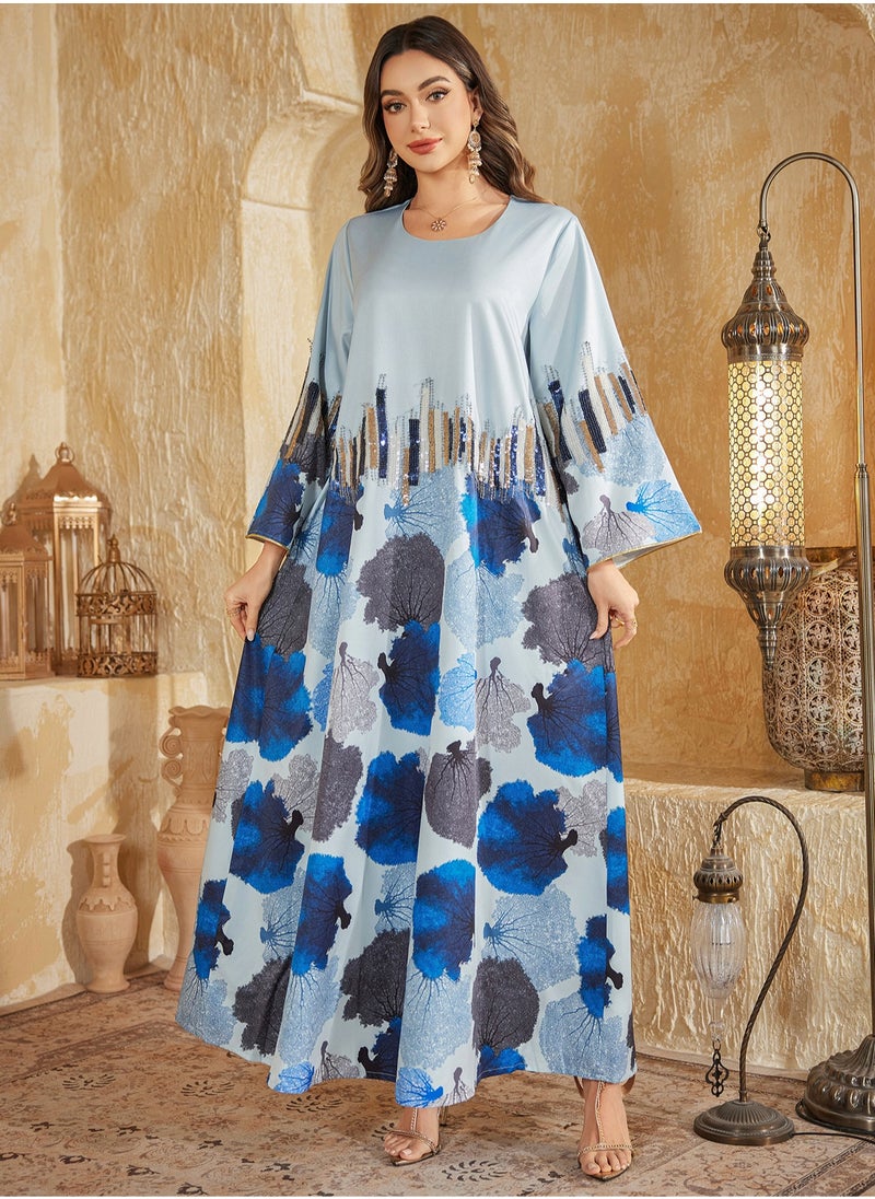 Blue Arab Dubai Muslim Middle Eastern Kaftan Women's Outfit Eid al-Adha Beaded Embroidered Fashion Dress