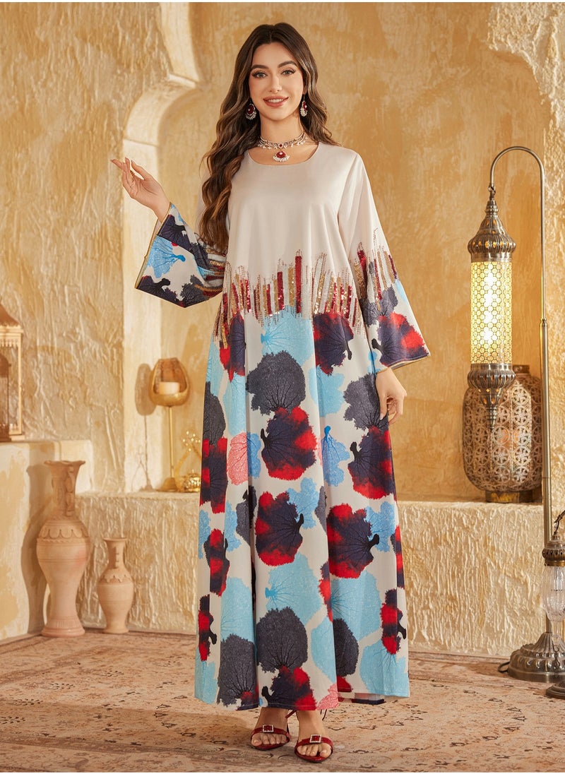Arab Dubai Muslim Middle Eastern Long Dress for Women, Fashionable Eid al-Adha Beaded Embroidered Gown