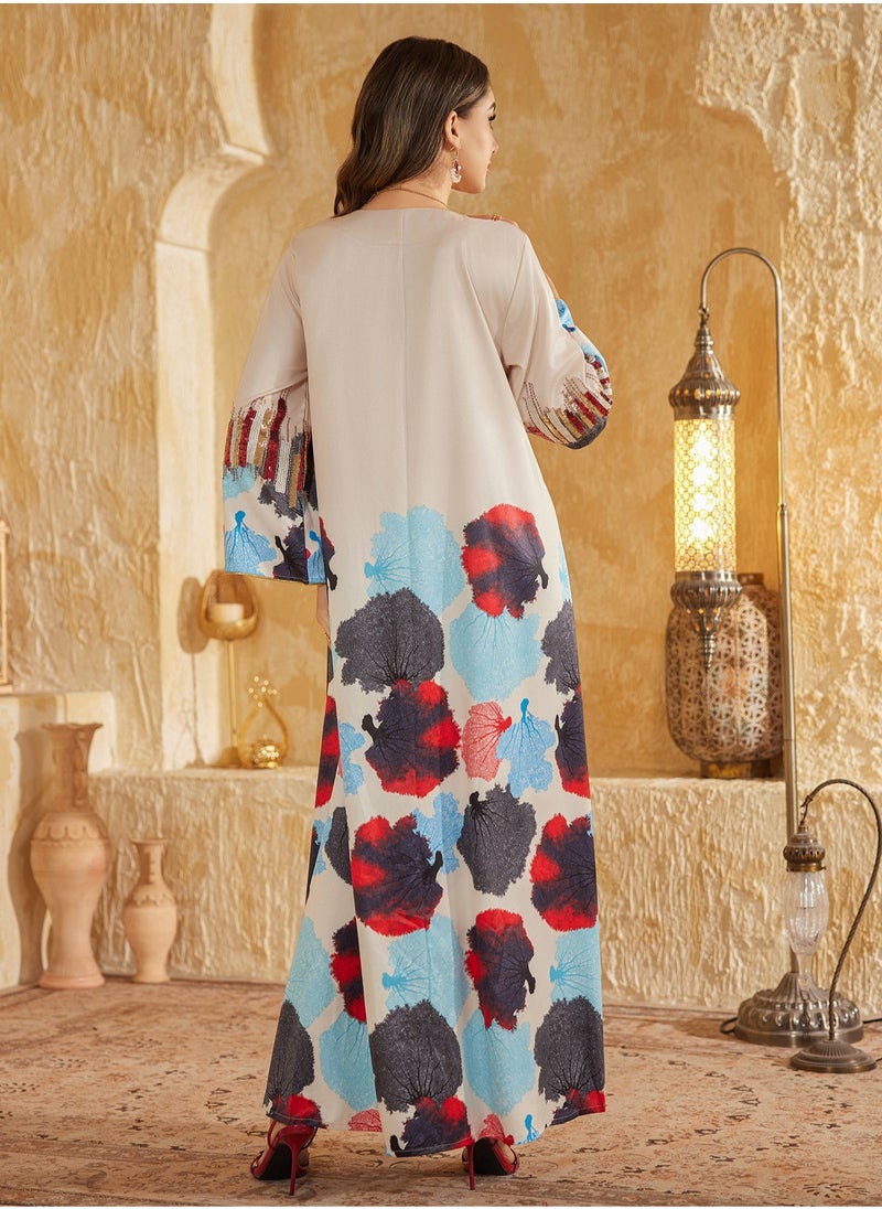 Arab Dubai Muslim Middle Eastern Long Dress for Women, Fashionable Eid al-Adha Beaded Embroidered Gown