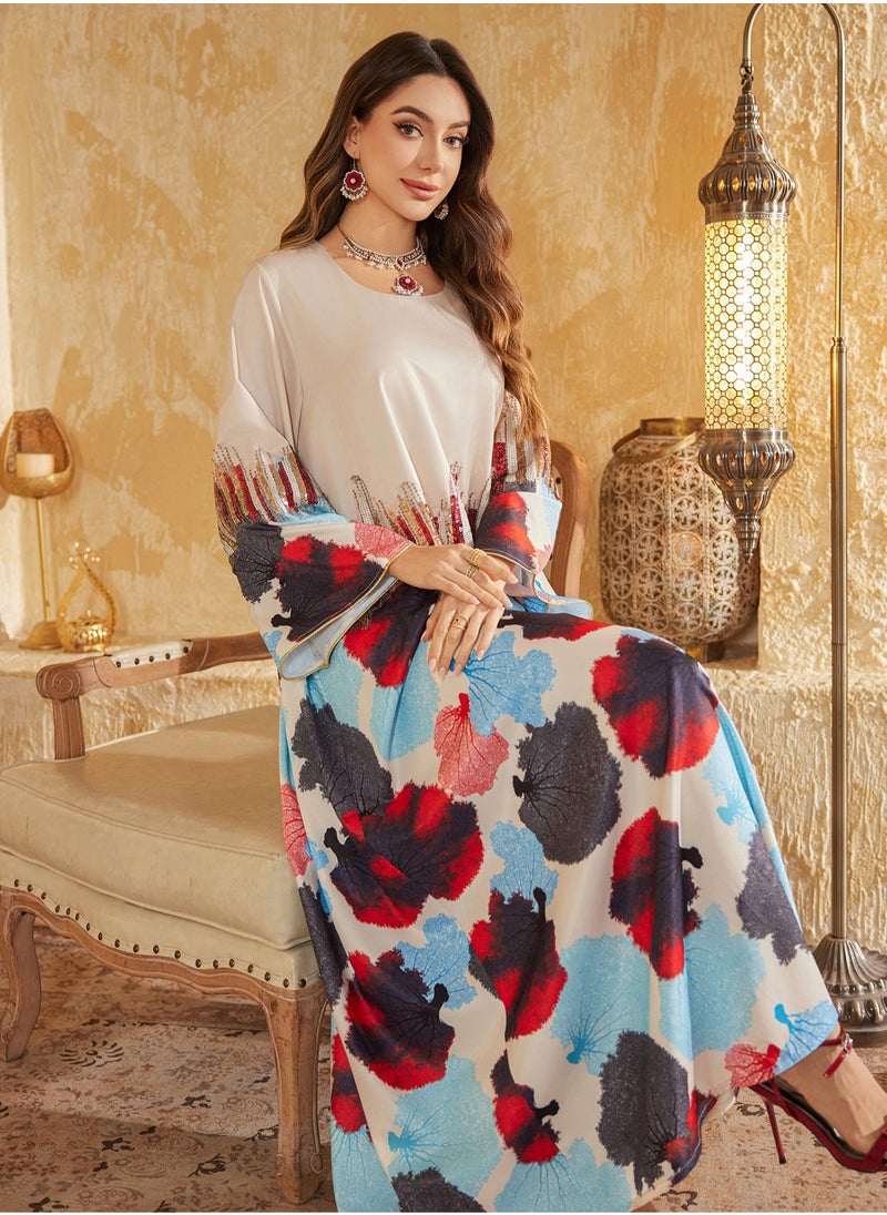 Arab Dubai Muslim Middle Eastern Long Dress for Women, Fashionable Eid al-Adha Beaded Embroidered Gown