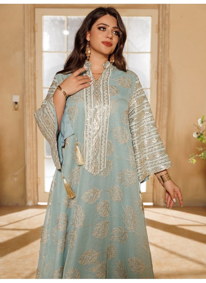 Embroidered Sequin Long Robe Dress
