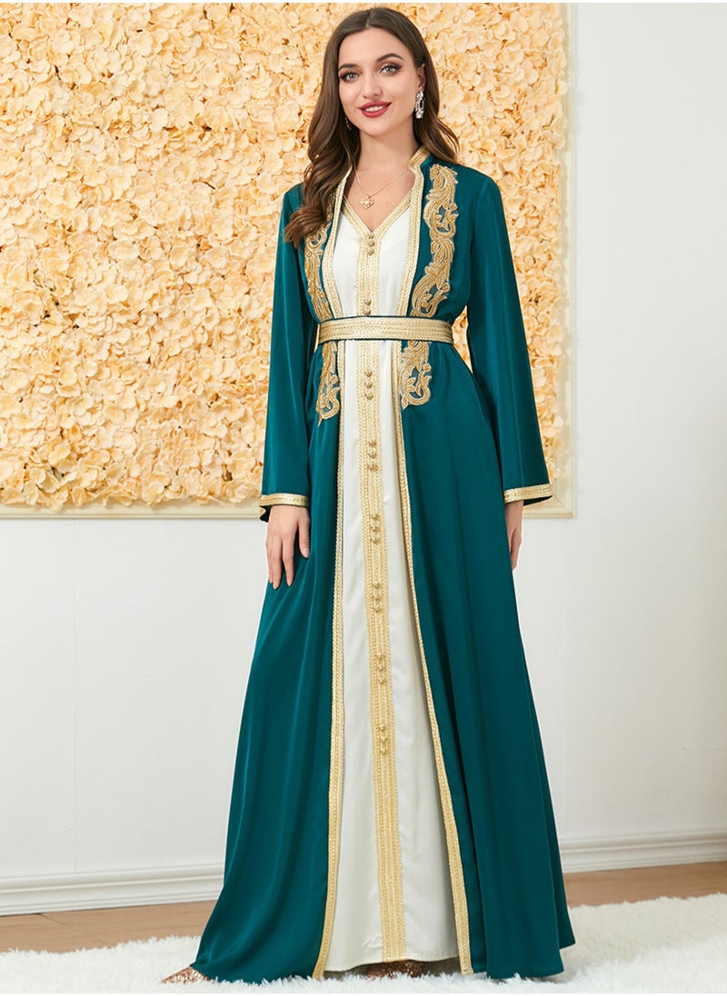 Muslim 2 Pcs Abaya Long Sleeve Open Front Rhinestones Kaftan Cardigan Maxi Dress for Women with Belt