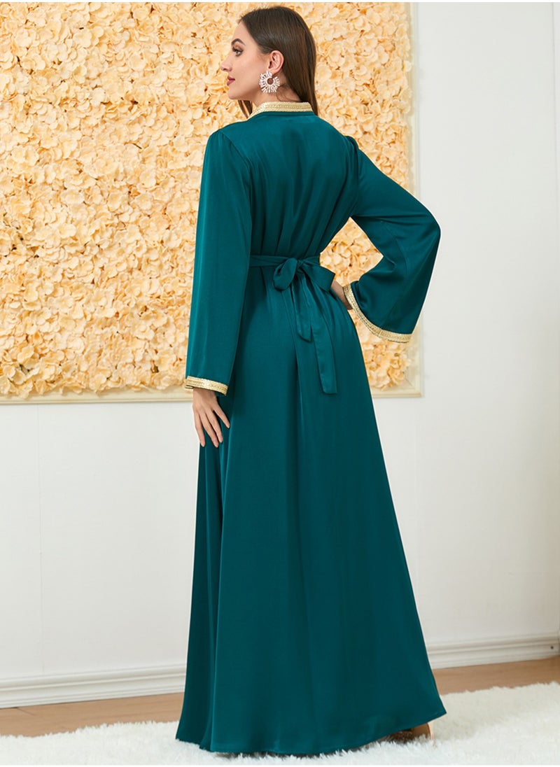 Muslim 2 Pcs Abaya Long Sleeve Open Front Rhinestones Kaftan Cardigan Maxi Dress for Women with Belt