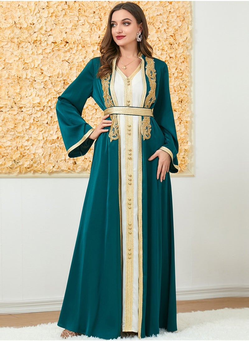 Muslim 2 Pcs Abaya Long Sleeve Open Front Rhinestones Kaftan Cardigan Maxi Dress for Women with Belt