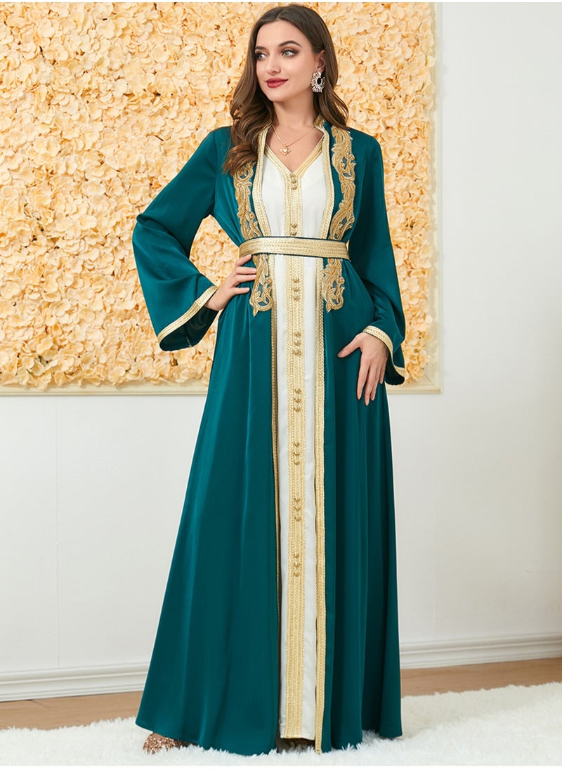 Muslim 2 Pcs Abaya Long Sleeve Open Front Rhinestones Kaftan Cardigan Maxi Dress for Women with Belt