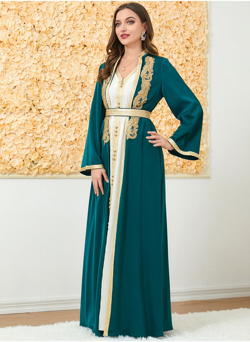 Muslim 2 Pcs Abaya Long Sleeve Open Front Rhinestones Kaftan Cardigan Maxi Dress for Women with Belt