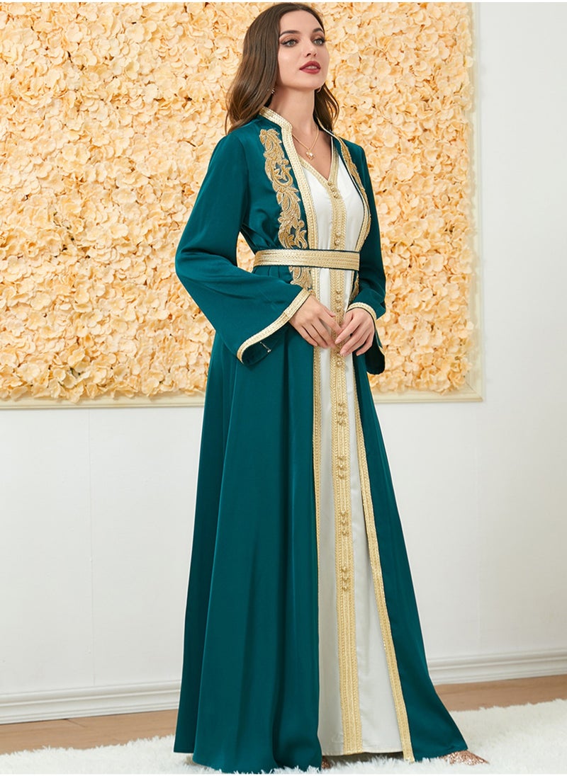 Muslim 2 Pcs Abaya Long Sleeve Open Front Rhinestones Kaftan Cardigan Maxi Dress for Women with Belt