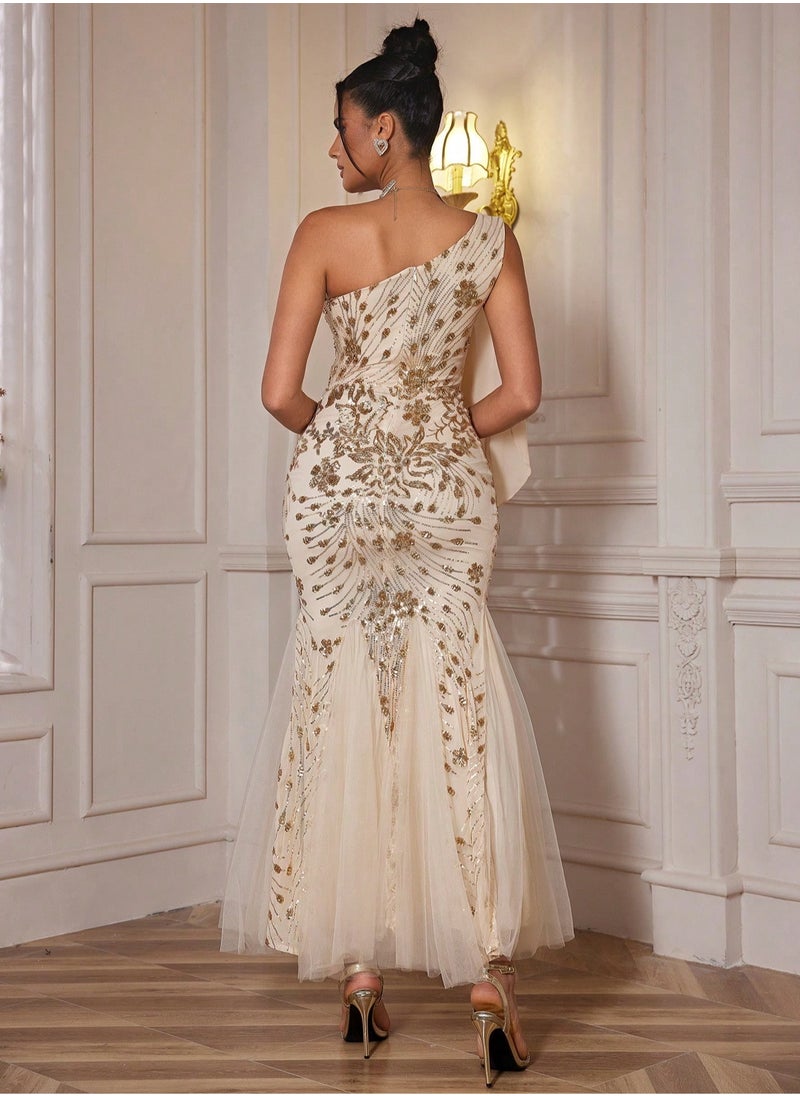 Elegant Gold Sequin Off-Shoulder Mermaid Hem Bridesmaid Dress
