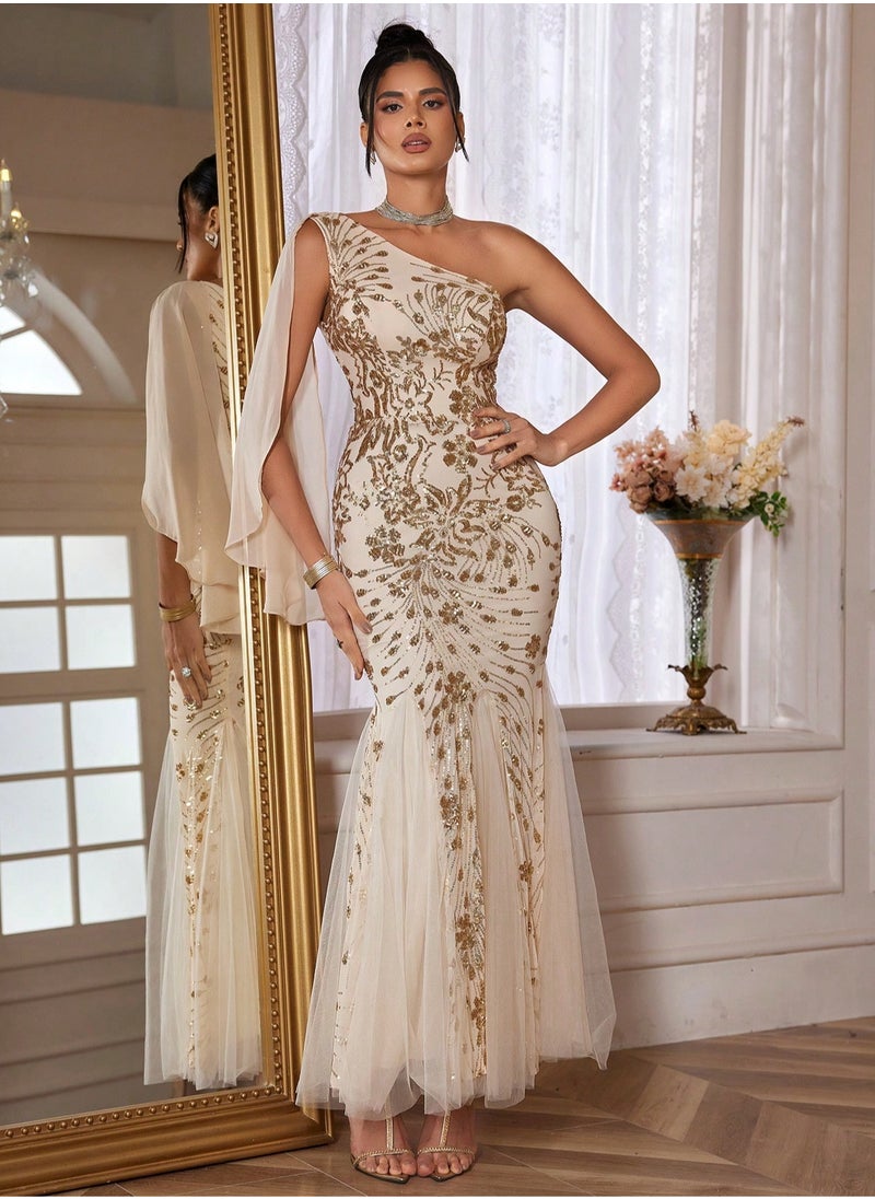 Elegant Gold Sequin Off-Shoulder Mermaid Hem Bridesmaid Dress