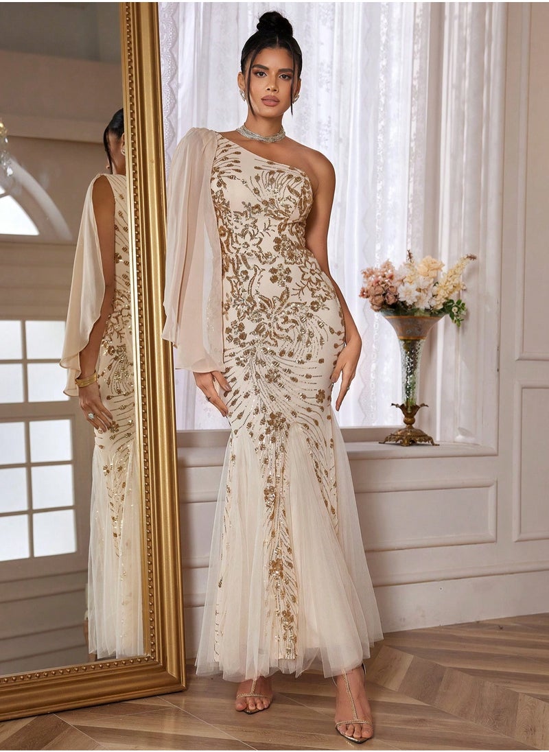 Elegant Gold Sequin Off-Shoulder Mermaid Hem Bridesmaid Dress