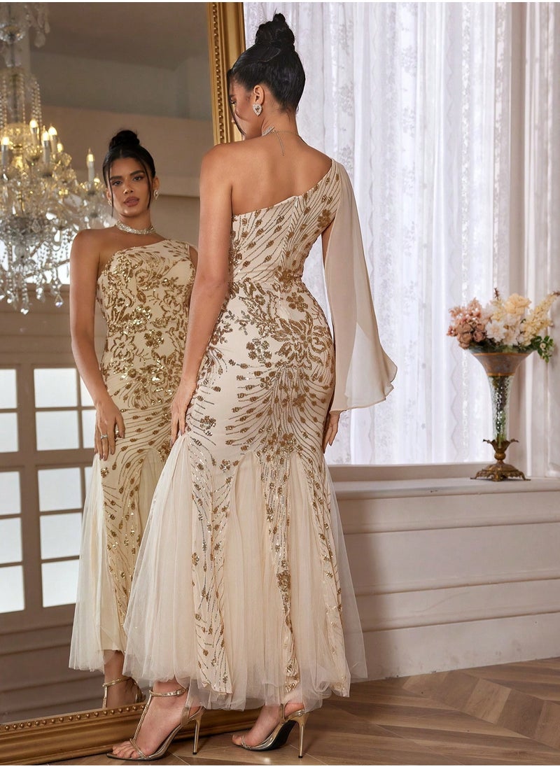Elegant Gold Sequin Off-Shoulder Mermaid Hem Bridesmaid Dress
