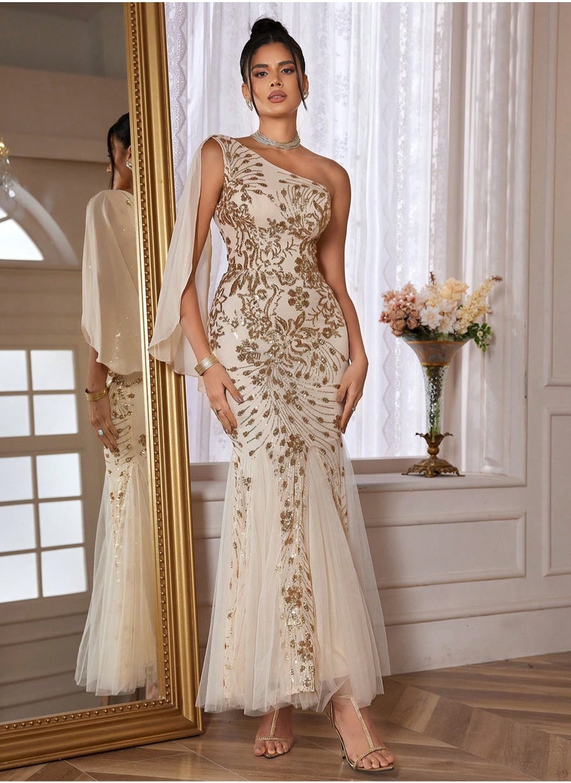 Elegant Gold Sequin Off-Shoulder Mermaid Hem Bridesmaid Dress