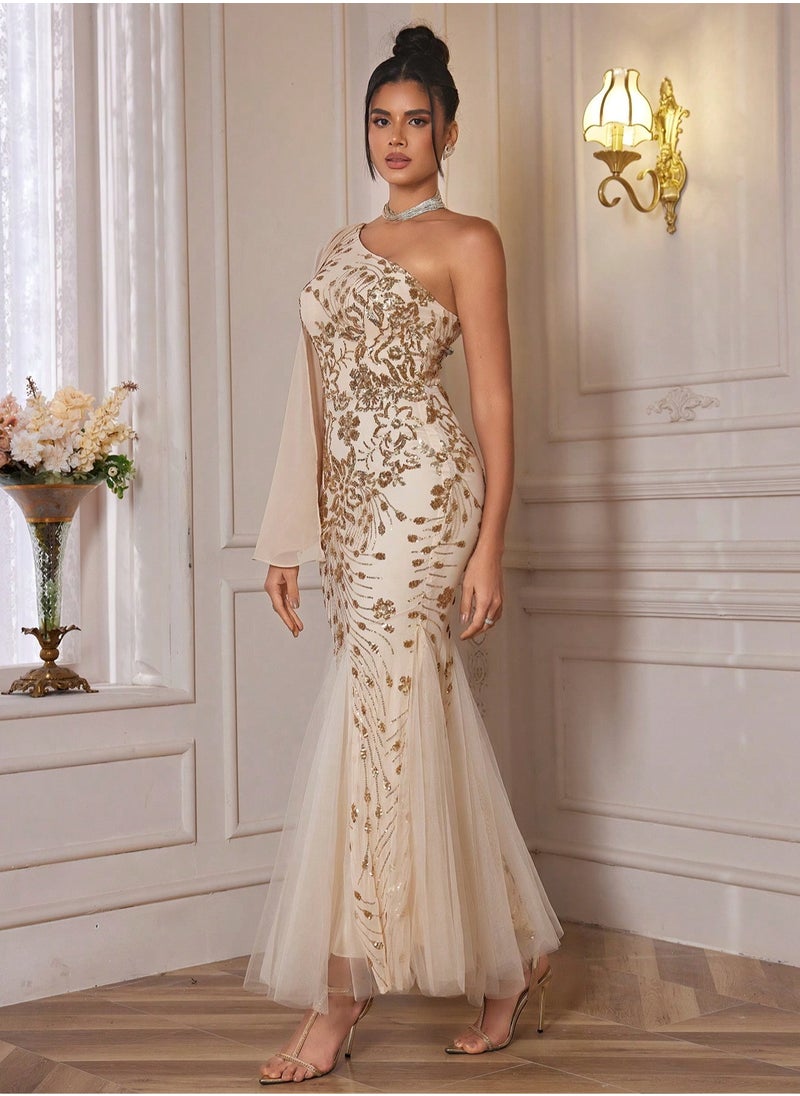 Elegant Gold Sequin Off-Shoulder Mermaid Hem Bridesmaid Dress