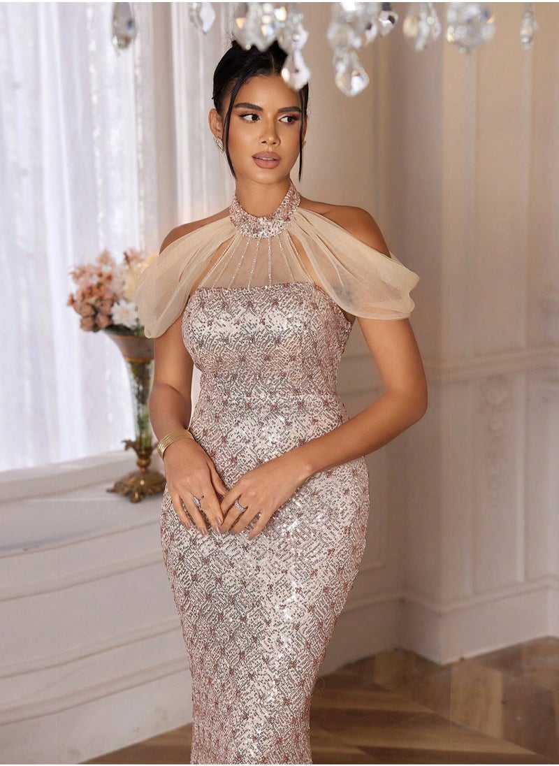 Pink Elegant Sequined Bodycon Party Dress
