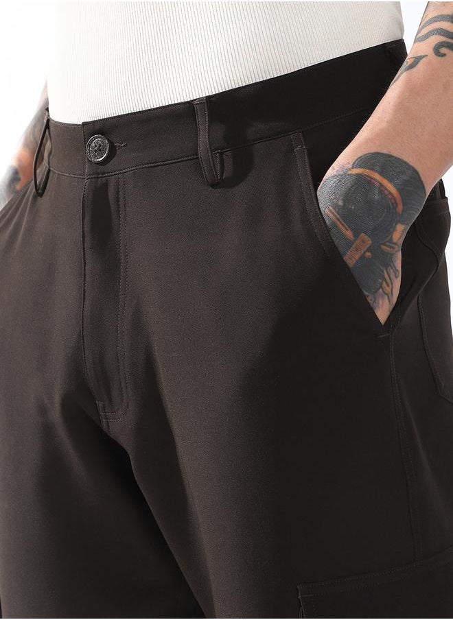 Relaxed Fit Brown 95% polyester 5% spandex Solid Woven Cargo with Button Closure Full Length - Ideal for Streetwear - A Must-Have for Your Wardrobe!