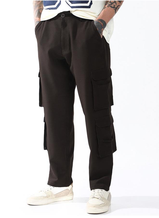 Relaxed Fit Brown 95% polyester 5% spandex Solid Woven Cargo with Button Closure Full Length - Ideal for Streetwear - A Must-Have for Your Wardrobe!