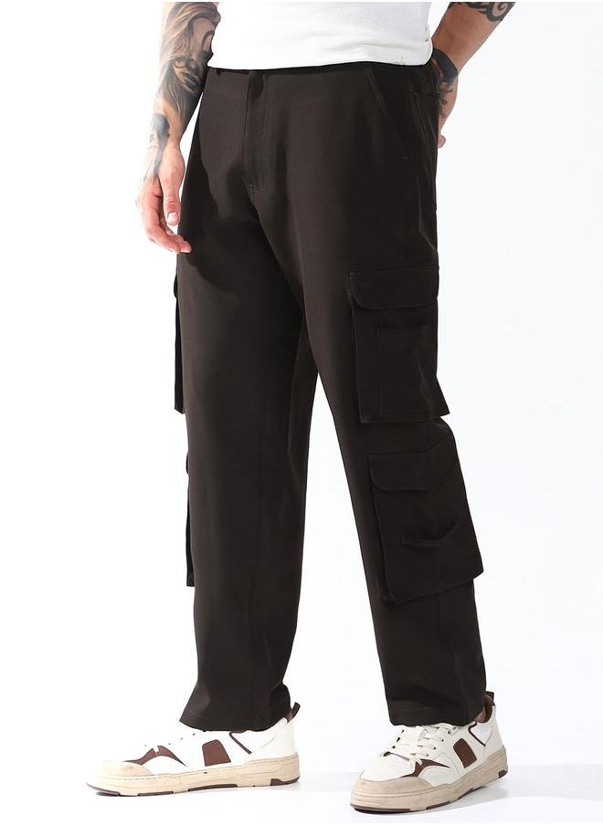 Relaxed Fit Brown 95% polyester 5% spandex Solid Woven Cargo with Button Closure Full Length - Ideal for Streetwear - A Must-Have for Your Wardrobe!