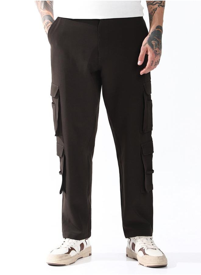 Relaxed Fit Brown 95% polyester 5% spandex Solid Woven Cargo with Button Closure Full Length - Ideal for Streetwear - A Must-Have for Your Wardrobe!