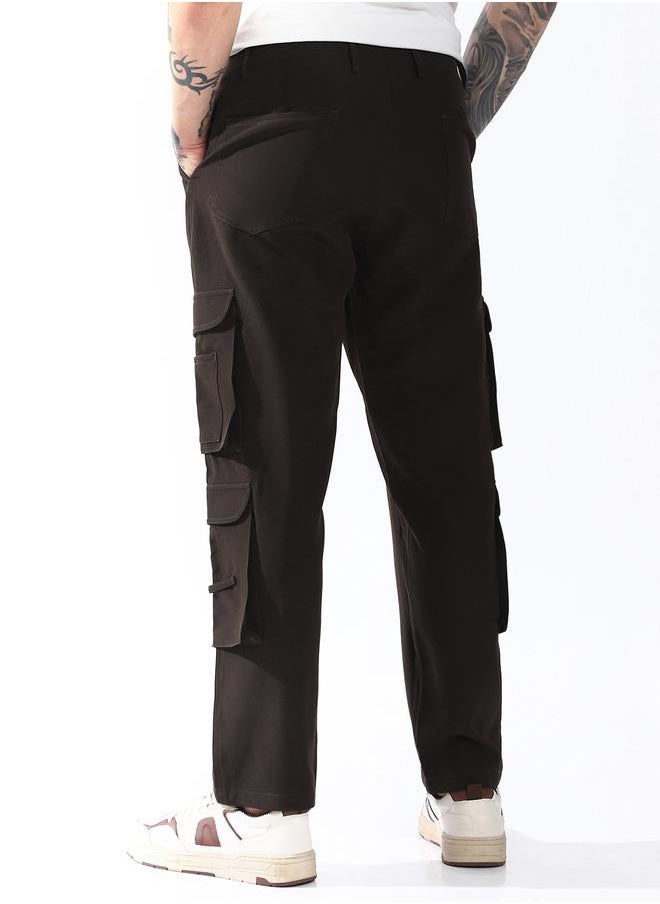 Relaxed Fit Brown 95% polyester 5% spandex Solid Woven Cargo with Button Closure Full Length - Ideal for Streetwear - A Must-Have for Your Wardrobe!