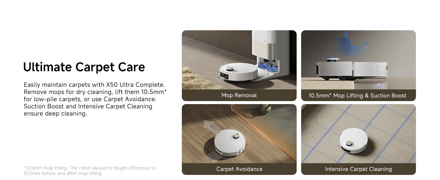 X50 Ultra Complete Robot Vacuum and Mop with Self-Cleaning, Liftable LDS, Clean under Low Furniture, Cross Barriers Up to 6cm, AI Camera, Up to 20,000Pa, Detangling Brush, Voice Control 75 W X50 Ultra White