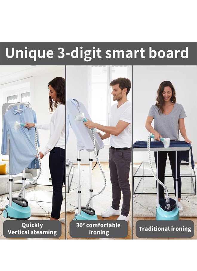 Steam Iron Double Pole, Standing Steamer Iron with Adjustable Garment Hanger, Roll Wheels and Built-in Ironing Board, Adjustable High Power Garment Steamer for Home